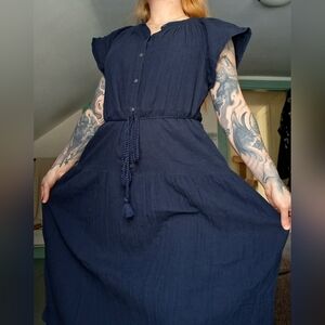 Time and Tru 100% Cotton Gauze Fabric Navy Blue Dress